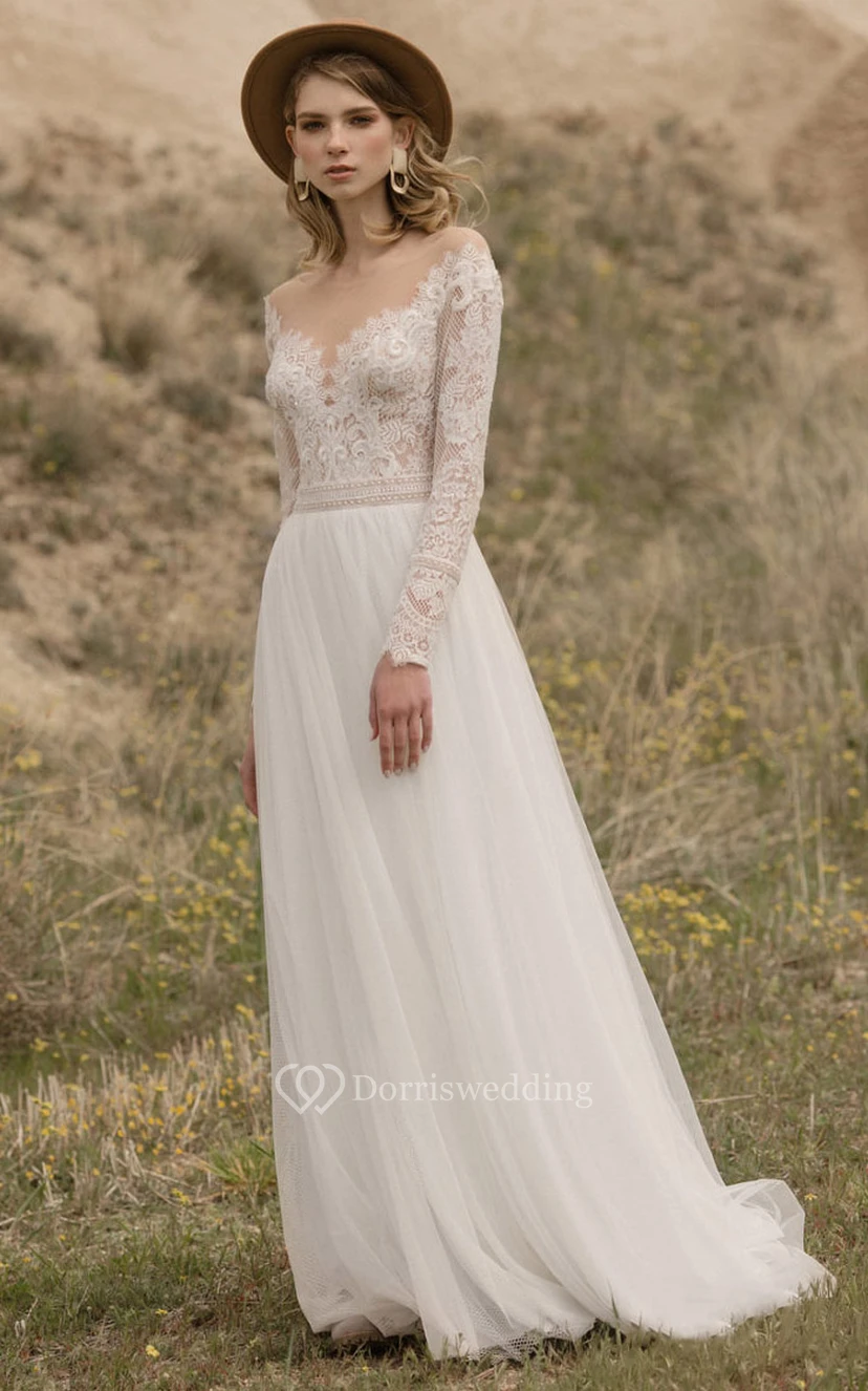 Robe de mariée champêtre fluide en mousseline de soie à manches longues et dentelle, épaules dénudées view 3
