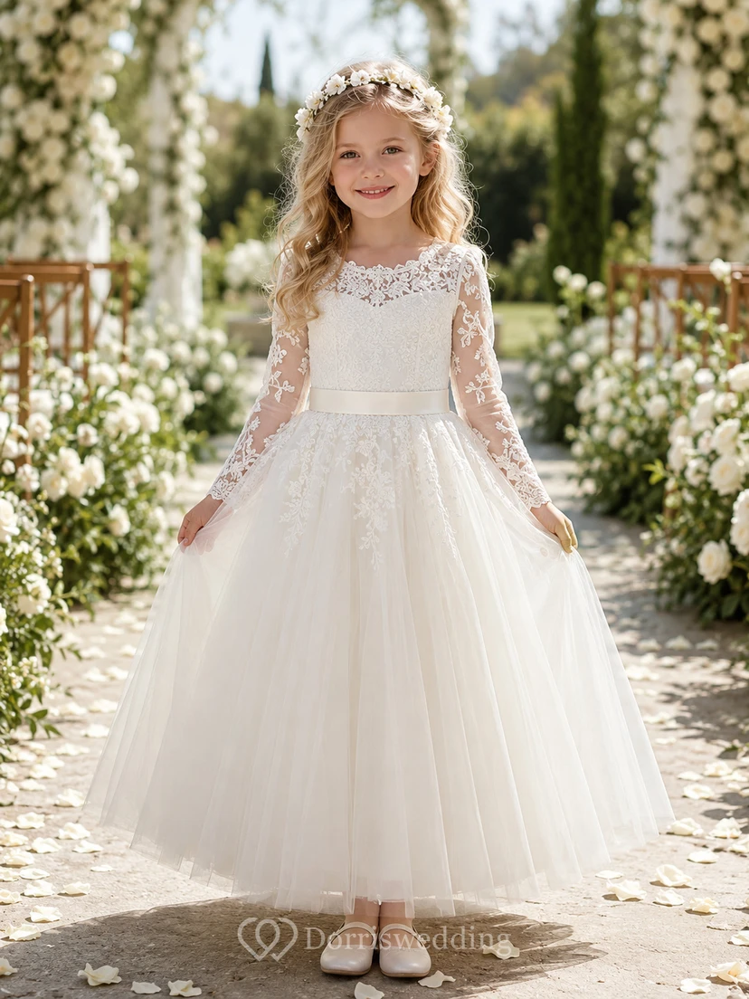 Vestido de niña de las flores, color marfil, encaje, tul, corte en A, manga larga, escote redondo, largo midi.