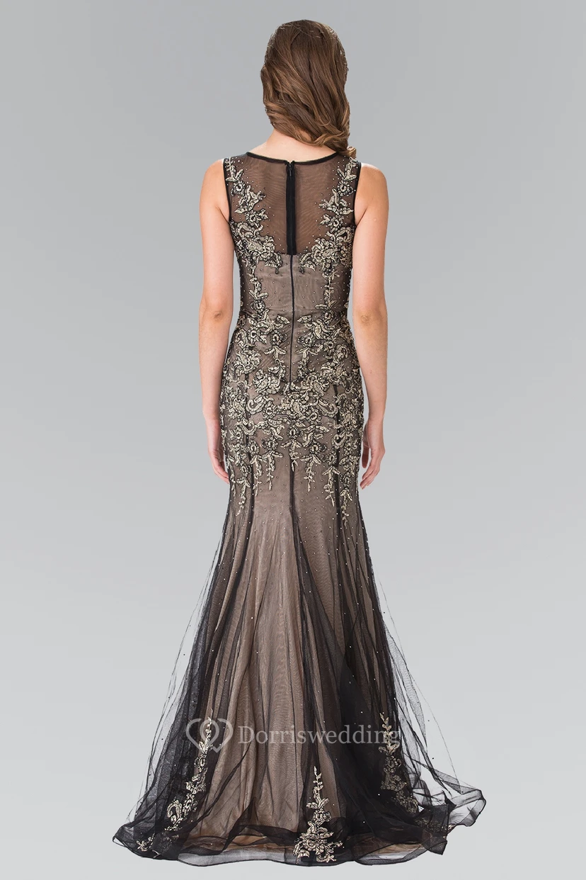 Sheath Jewel-Neck Sleeveless Tulle Illusion Dress With Appliques And Pleats view 2