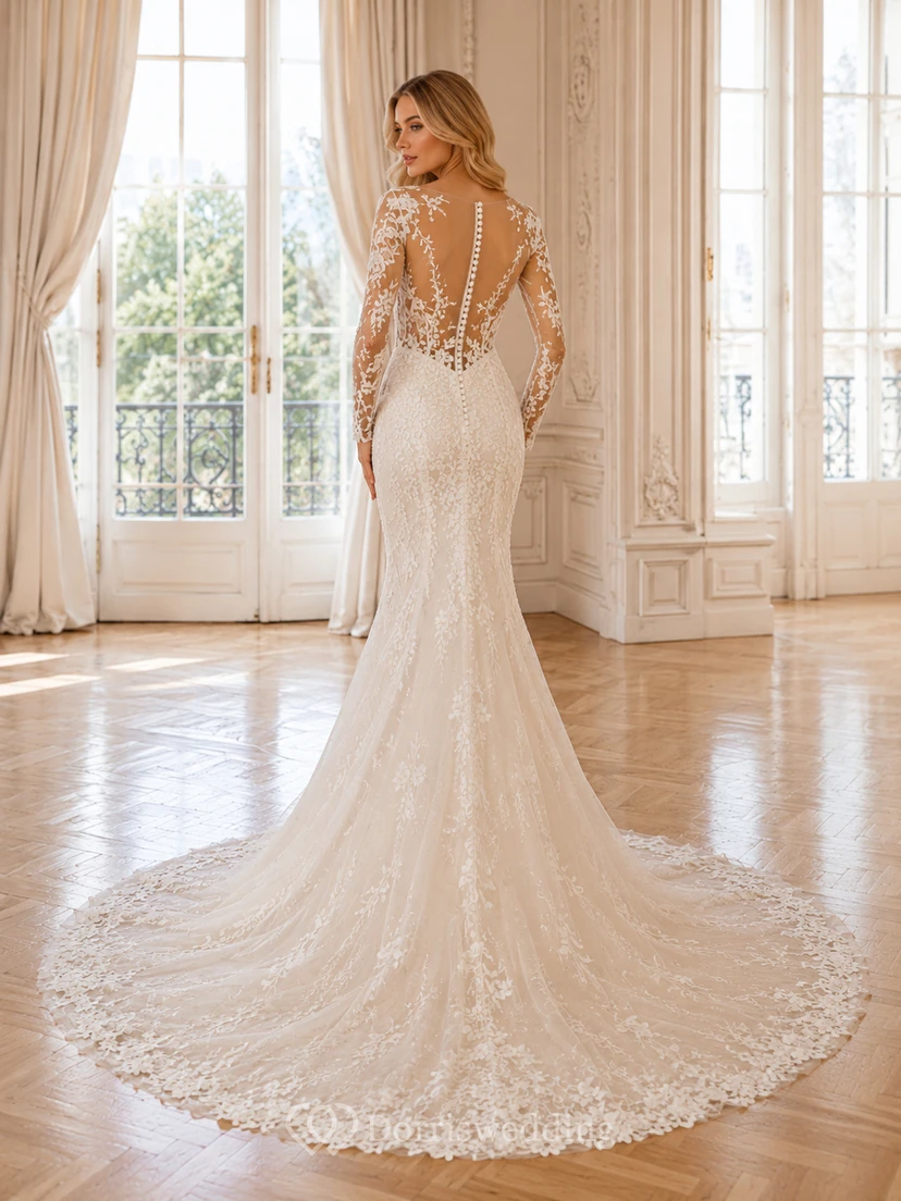 Robe de mariée sirène en pure dentelle, col V, manches longues, traîne chapelle, ornée d'appliqués floraux, style jardin. view 2