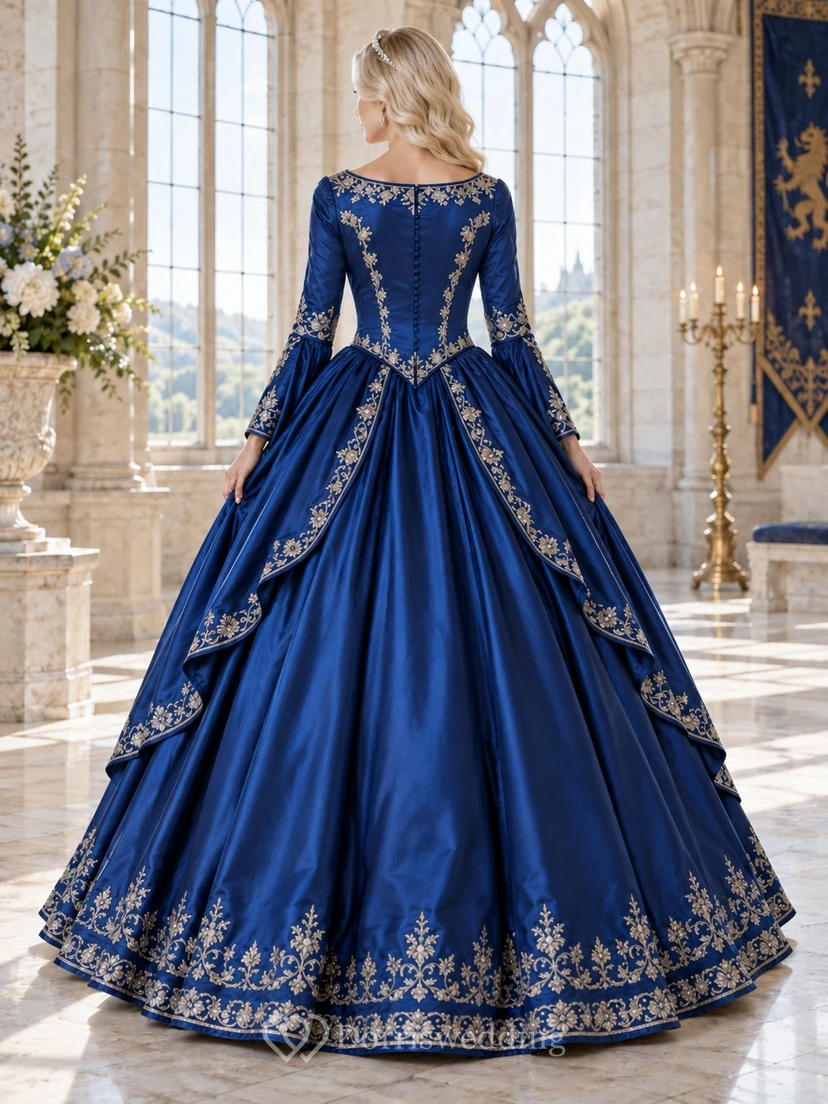 Robe de bal médiévale en satin bleu roi brodé, manches longues cloche view 2