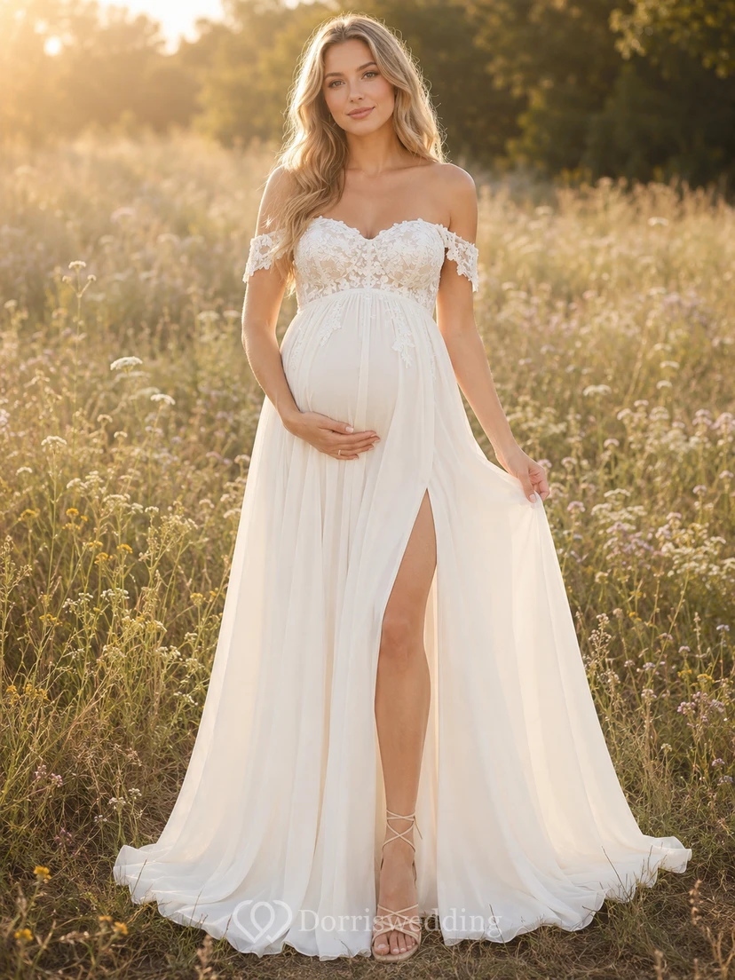 Maternity Wedding Dress Off-the-Shoulder Lace Bodice A-Line Bridal Gown with Split Front