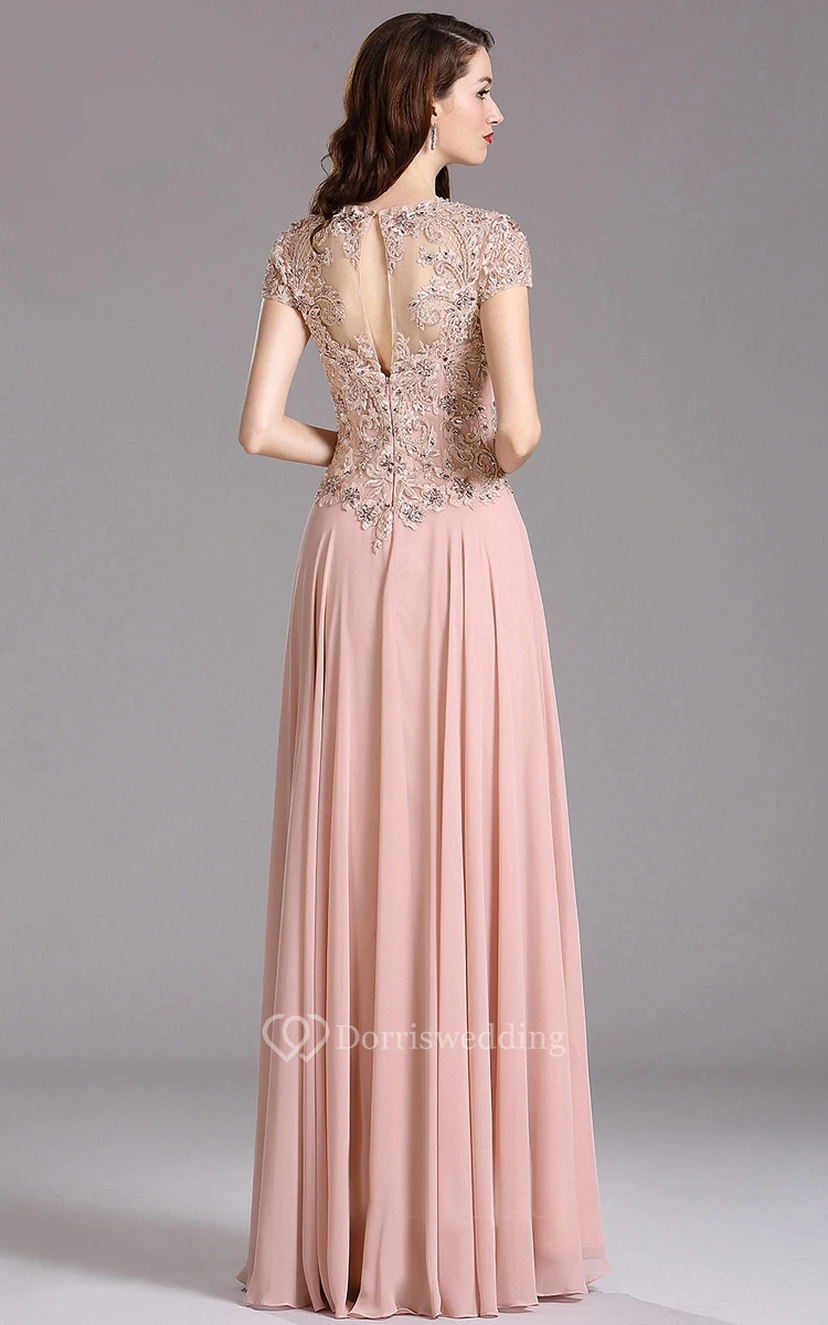 A-Line Queen Anne Short Sleeve Chiffon Appliques Keyhole Dress view 2