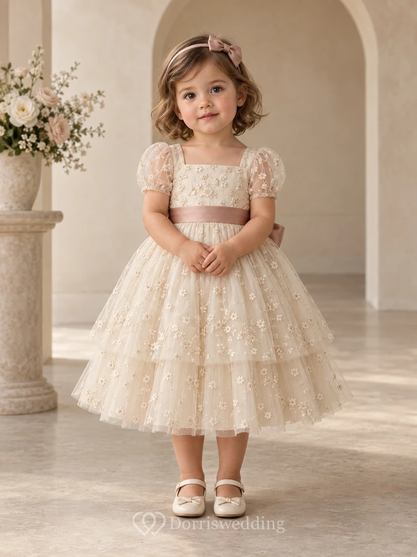 Robe de demoiselle d'honneur mi-longue à col carré, coupe trapèze, en tulle fleuri champagne, manches bouffantes et ceinture mauve.