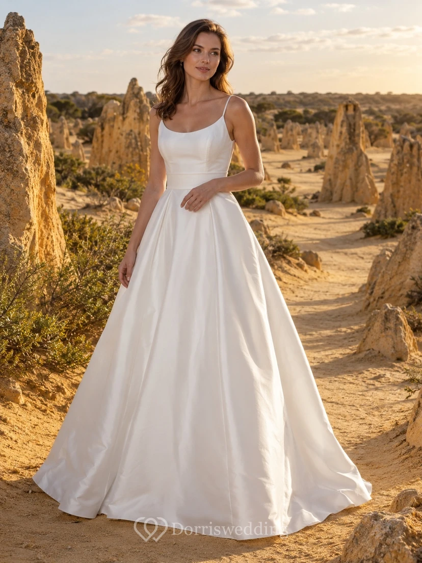 Schlichtes Brautkleid aus Satin mit quadratischem Ausschnitt, Trägern und A-Linien-Schnitt