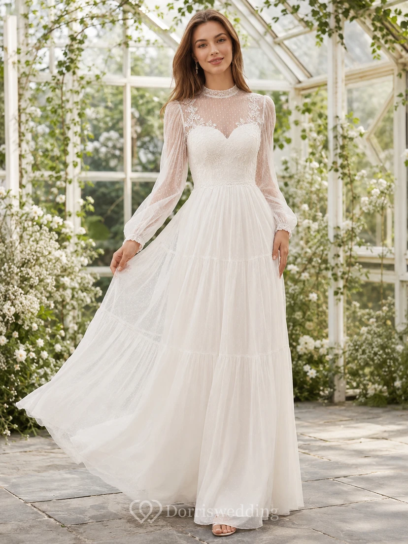 Robe de mariée bohème abordable à col montant, manches longues bouffantes et volants en tulle