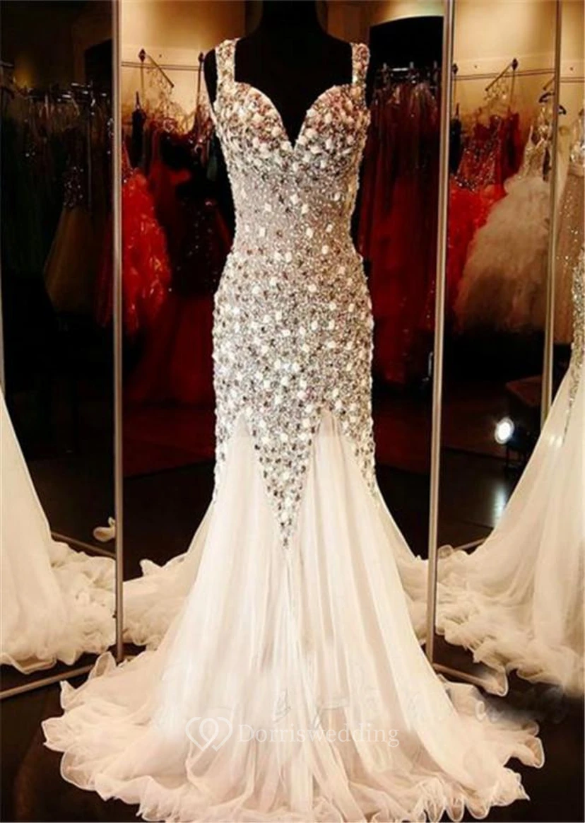 Glamorous V-neck Tulle Evening Dress Beadings Crystals Sweep Train