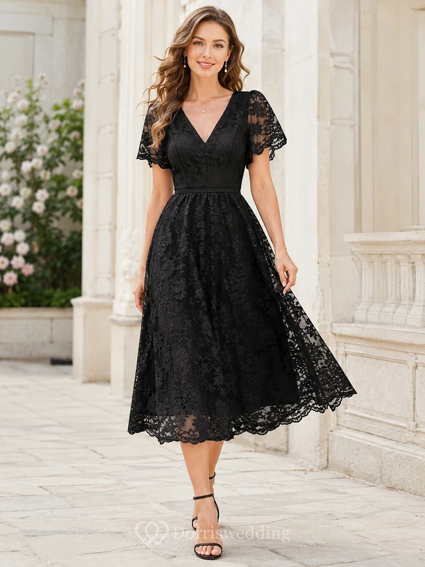 Robe noire à col en V, manches courtes, en dentelle, coupe trapèze, longueur thé