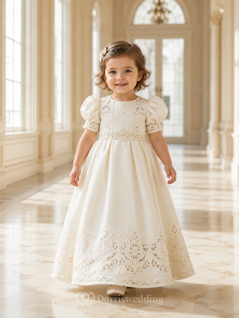 Puff Sleeve Baptism Gown A-Line Lace Satin Jewel Neck Embroidered Hem