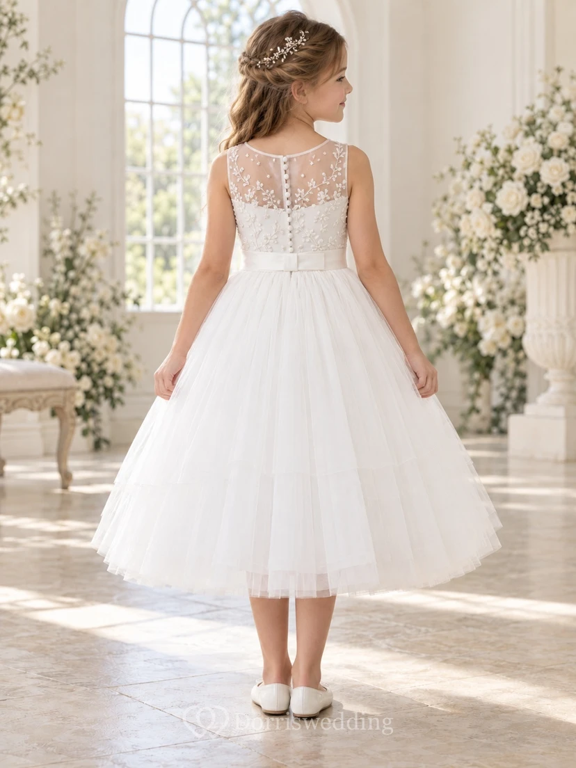 Vestido de niña de flores blanco, modesto, de corte A, con estampado floral, sin mangas y espalda ilusión. view 2