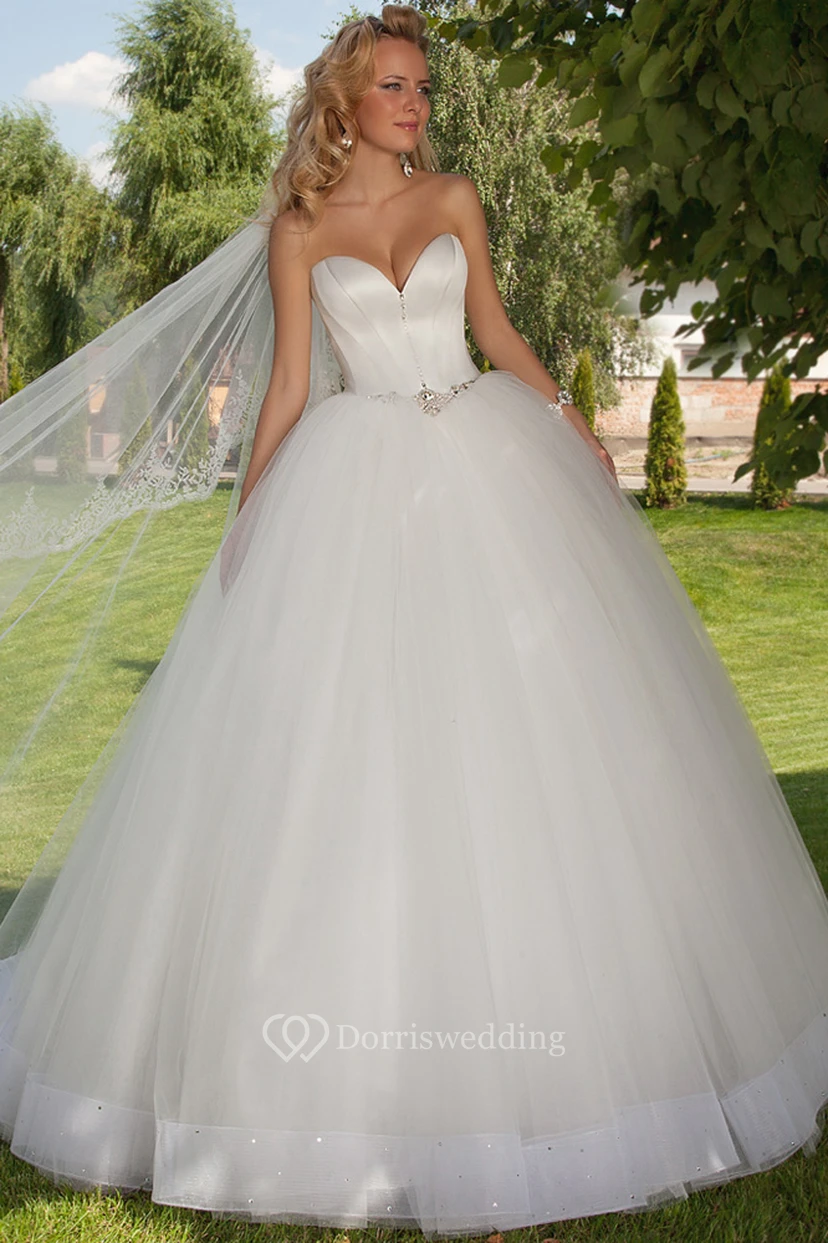 Long Sweetheart Jeweled Tulle Wedding Dress With Chapel Train And Corset Back