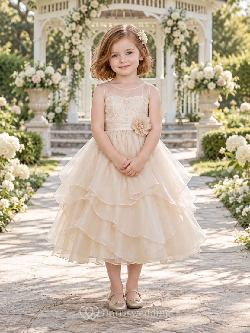 Tea-length Ivory A-line Organza Sleeveless Illusion-Neck Flower-waist Layered Flower Girl Dress