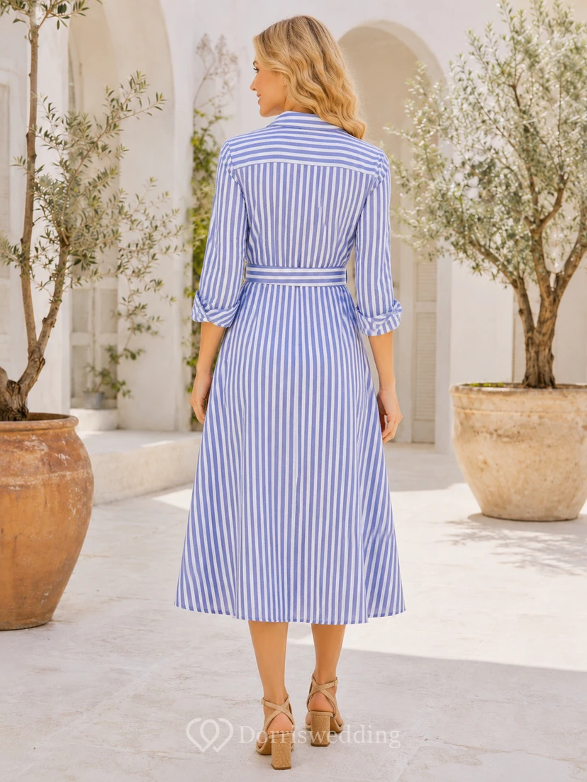 Blue Striped Shirt Collar Belted Summer Midi Dress view 2