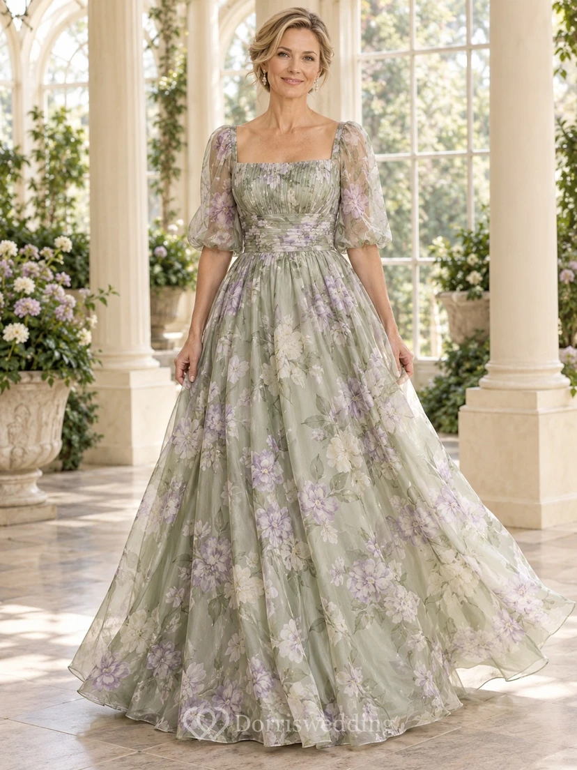 Vestido de recepción formal de organza con estampado floral verde salvia, largo hasta el suelo, escote cuadrado y mangas abullonadas, corte en A.