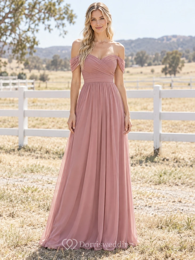 Robe de demoiselle d'honneur longue en mousseline froncée, épaules dénudées, rose poudré, style champêtre