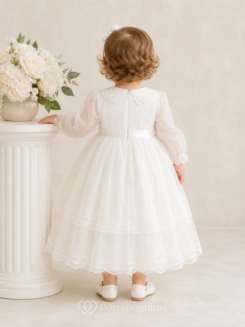Robe de baptême pour bébé, coupe trapèze, manches longues, longueur thé, avec superposition d'organza transparent view 2