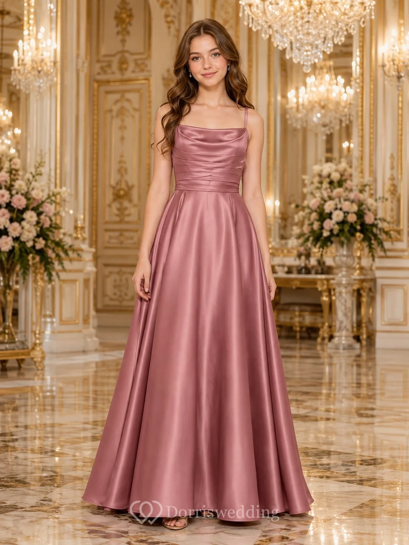 Mauvefarbenes Brautjungfernkleid in A-Linie, ärmellos, mit Wasserfallausschnitt und Raffungen, elegant