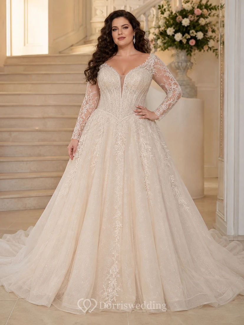 Plus Size Langarm-Ballkleid mit V-Ausschnitt, Spitze und baskischer Taille