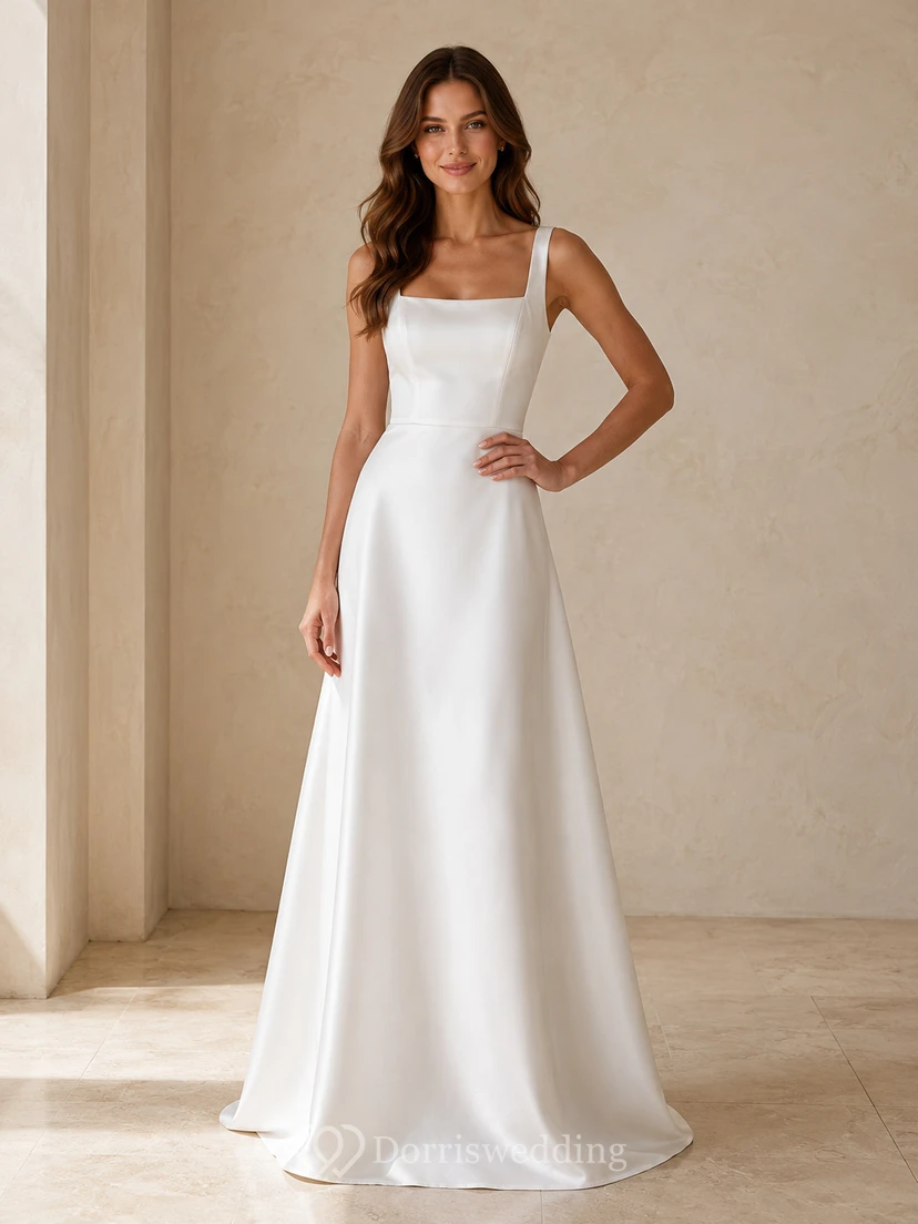 Weißes, schlichtes, bodenlanges A-Linien-Abendkleid aus Satin mit quadratischen Trägern für festliche Anlässe
