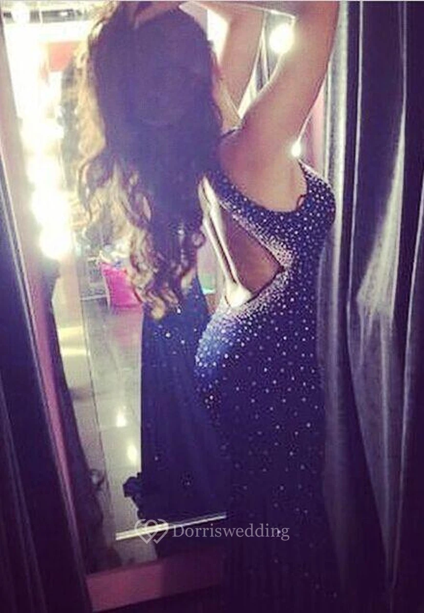 Sexy Halter Mermaid Black Prom Dress Sleeveless With Beadings view 2