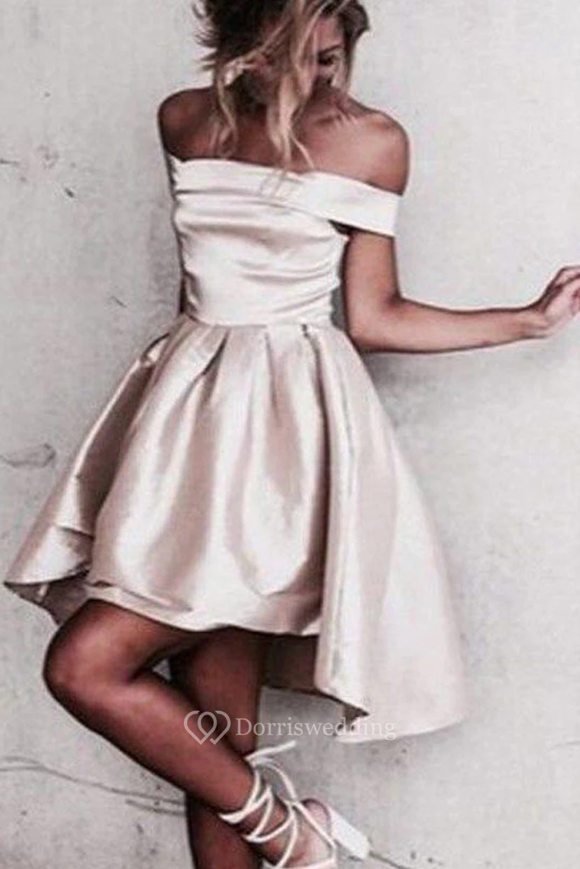 Vestido corto de fiesta de graduación, sin mangas, de satén, con escote Bardot y cremallera, corte en A y bajo asimétrico.