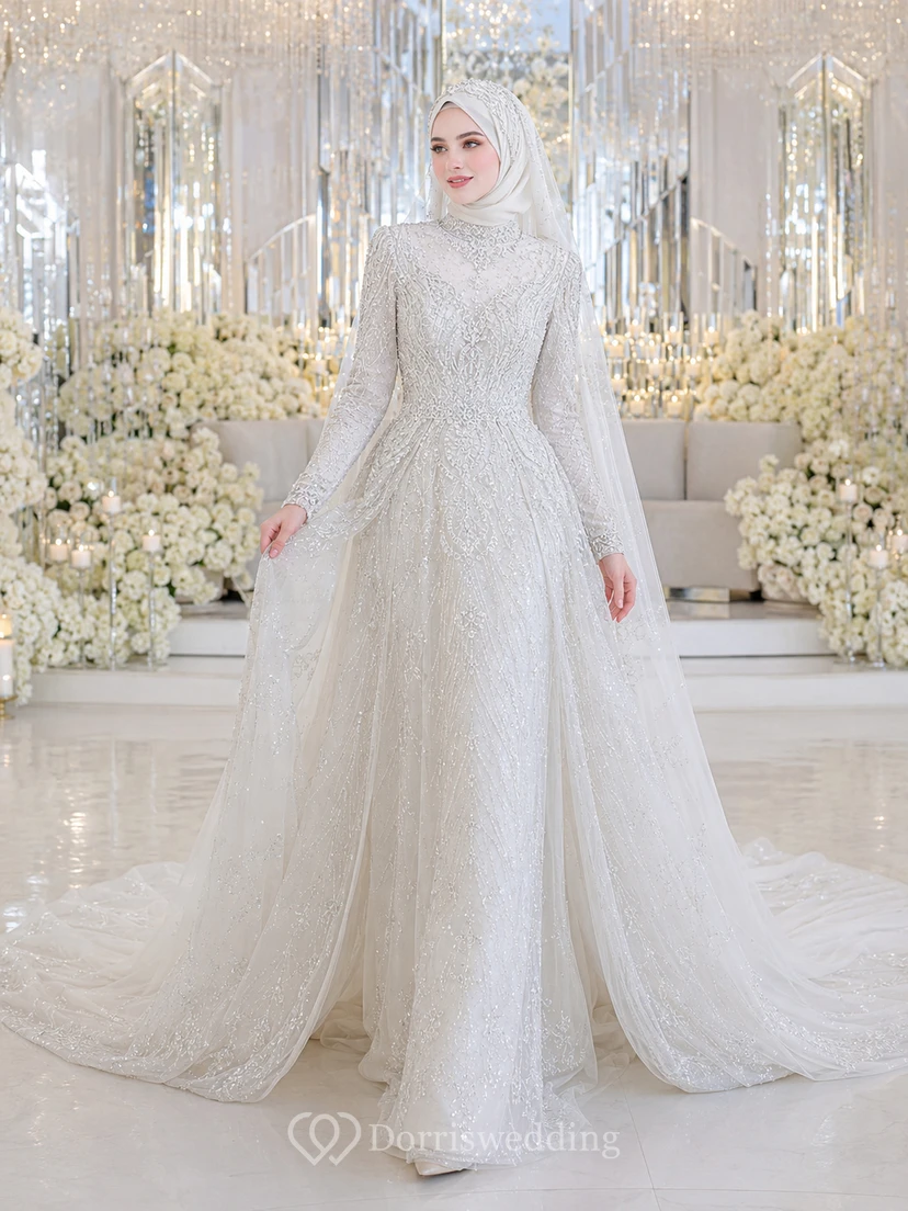 Modest Muslim Simple Nikah Stage Satin Bridal Gown