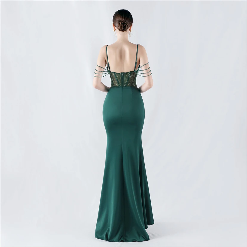 Vestido de noche con cintura de espiga, bordado de diamantes de imitación, ideal para banquetes y presentaciones. view 20