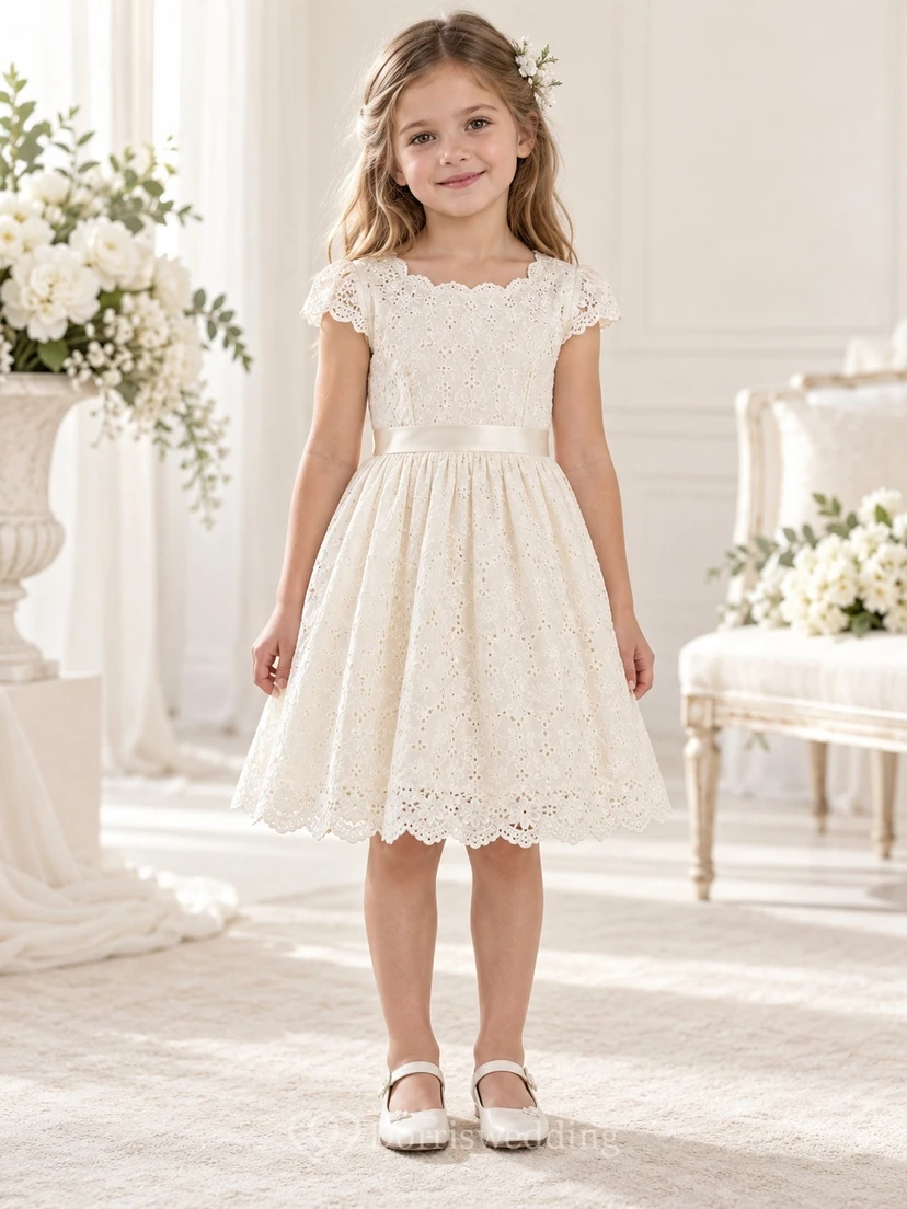 Vestido de niña de flores modesto, hasta la rodilla, color marfil, con estampado floral, corte en A, mangas cortas y encaje, con borde festoneado.