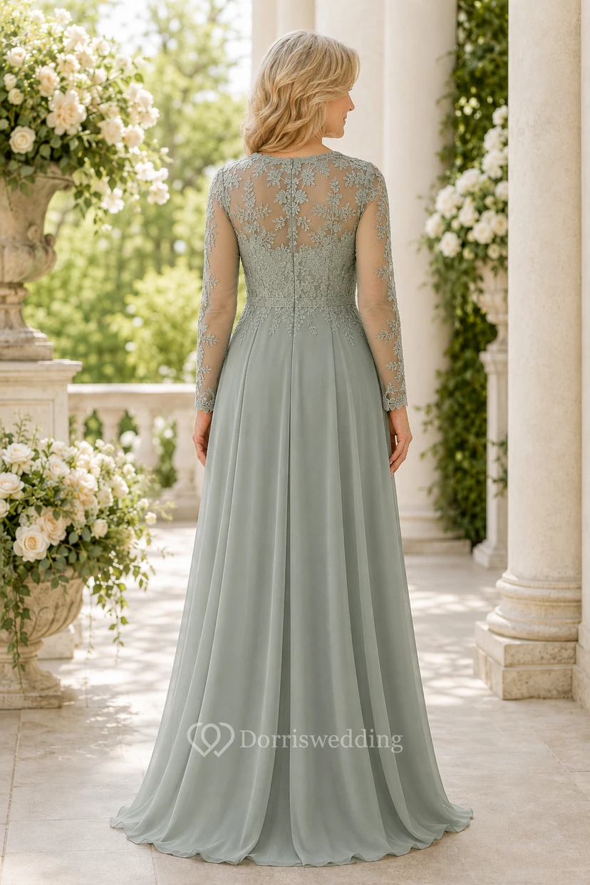 Sage Lace Bodice A-Line Mother Dress with Long Sleeves view 2