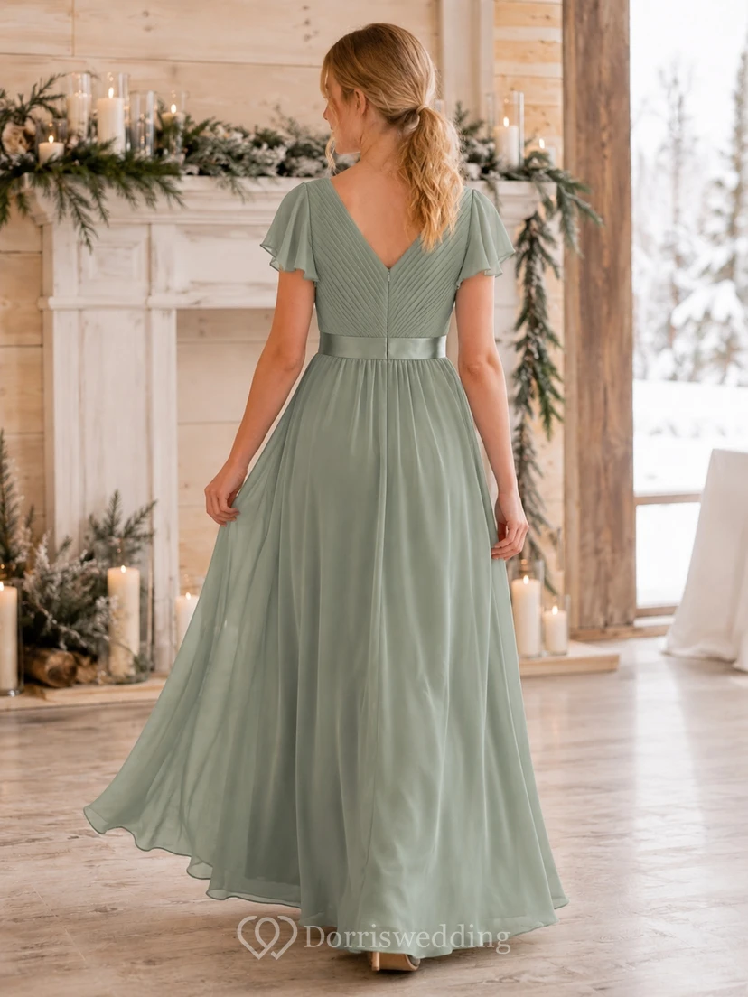 Celadonfarbenes Brautjungfernkleid für junge Damen, A-Linie, V-Ausschnitt, kurze Blütenblattärmel, Falten-Detail, elegant view 2