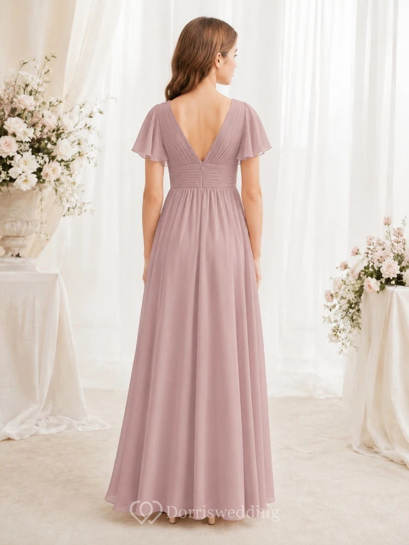 Vintage-Brautjungfernkleid in Mauve, A-Linie, V-Ausschnitt, kurze Blütenblattärmel, elegant und romantisch view 2