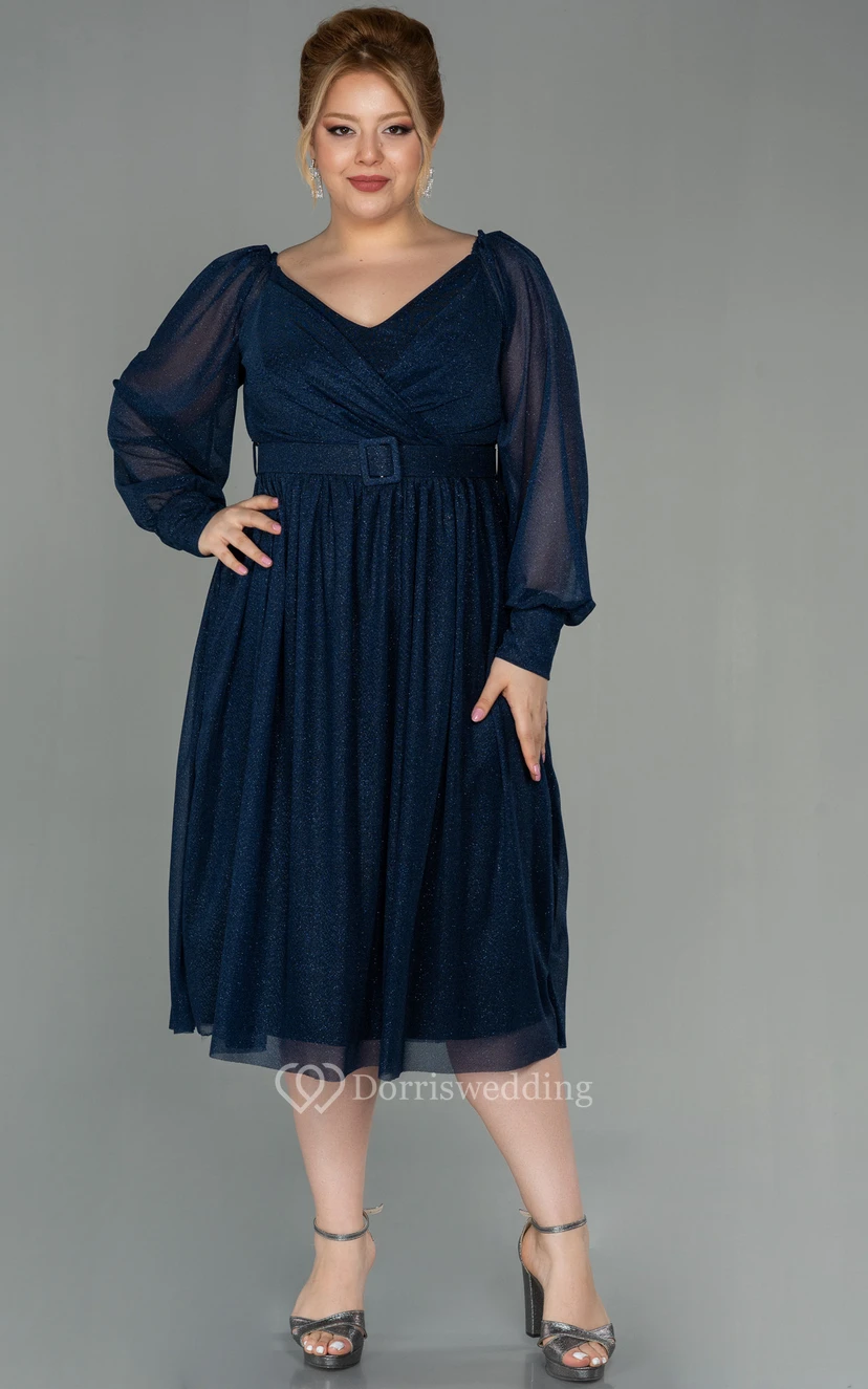 Vestido casual de manga larga, escote en V, corte imperio cruzado, largo hasta la rodilla, talla grande, para la madre de la novia view 5