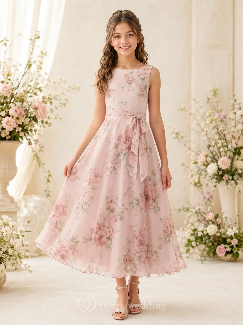 Rosafarbenes Brautjungfernkleid in A-Linie, ärmellos, wadenlang, aus Chiffon mit Blumenmuster, romantisch