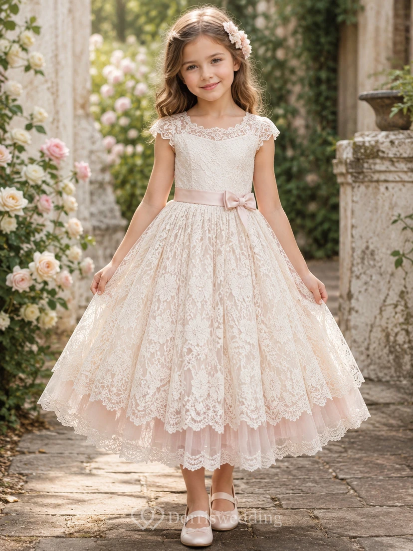 Robe de demoiselle d'honneur asymétrique en tulle et dentelle, coupe trapèze, manches courtes, col rond et ceinture.