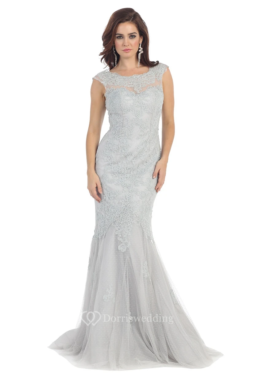 Mermaid Long Scoop-Neck Short Sleeve Tulle Low-V Back Dress With Appliques And Pleats view 3
