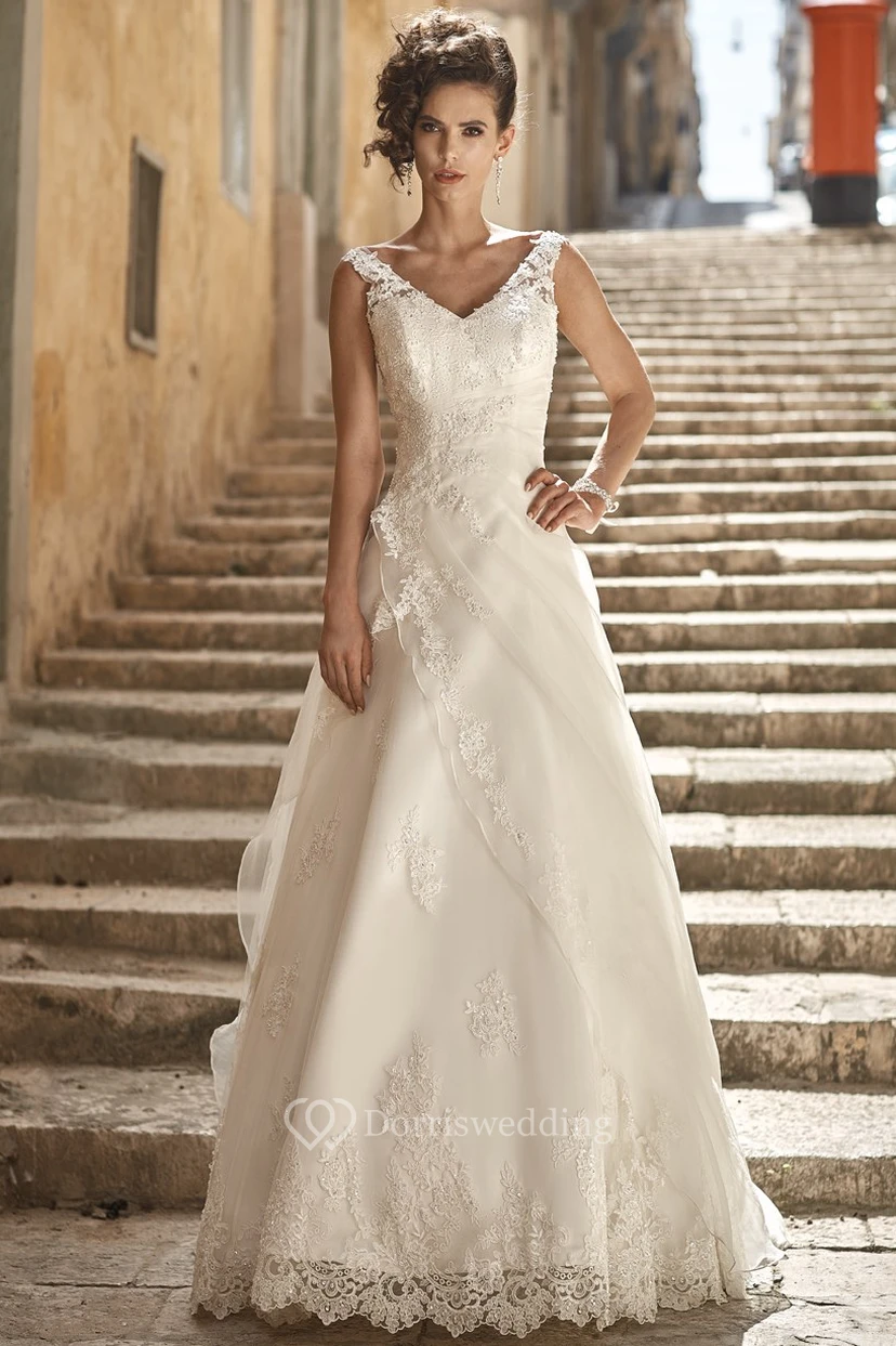 A-Line Appliqued V-Neck Long Sleeveless Satin & Lace Wedding Dress Styles With Side Draping