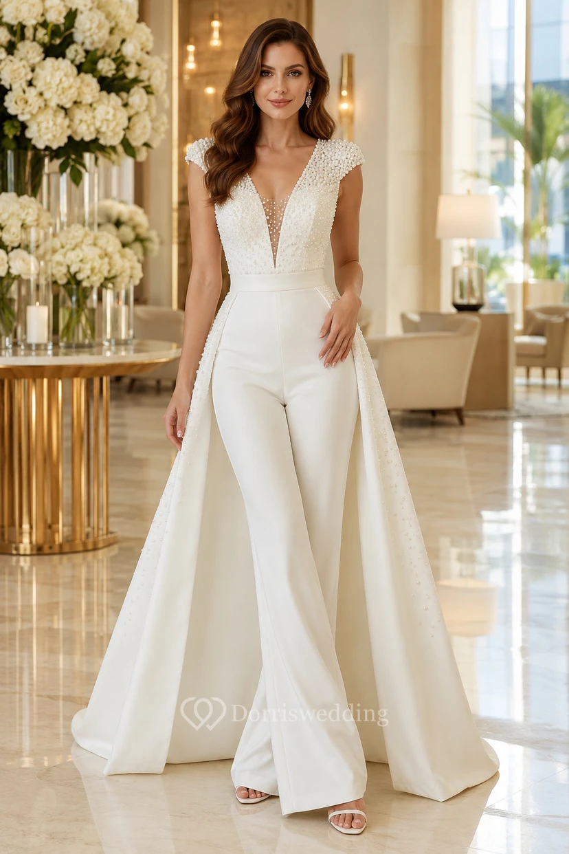 Combinaison de mariée ivoire à col en V avec surjupe en satin et traîne