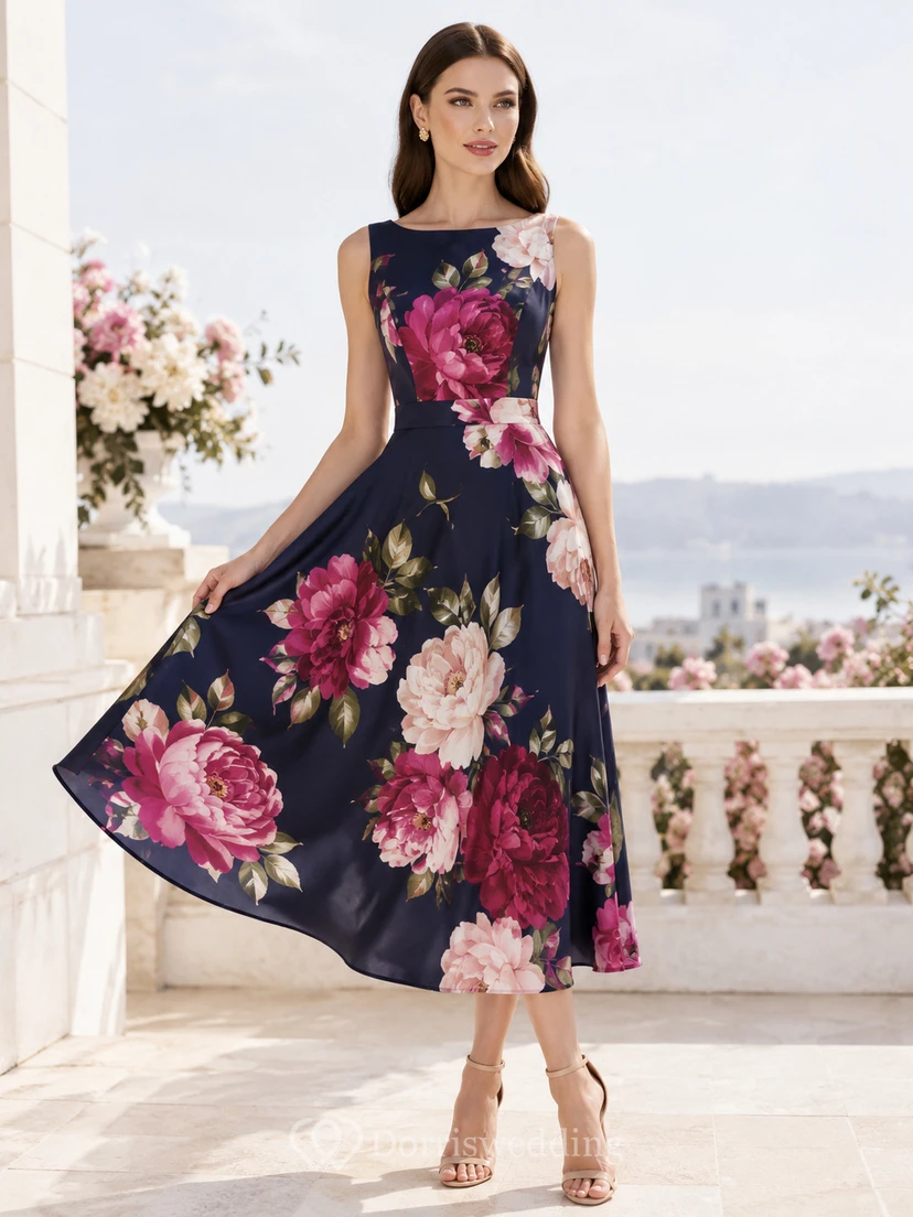 Navy Large Rose Print Sleeveless Tea Length Dress