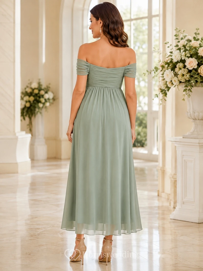 Maternity Sage Off-Shoulder Draped Chiffon Empire Tea-Length Romantic Bridesmaid Dress view 2