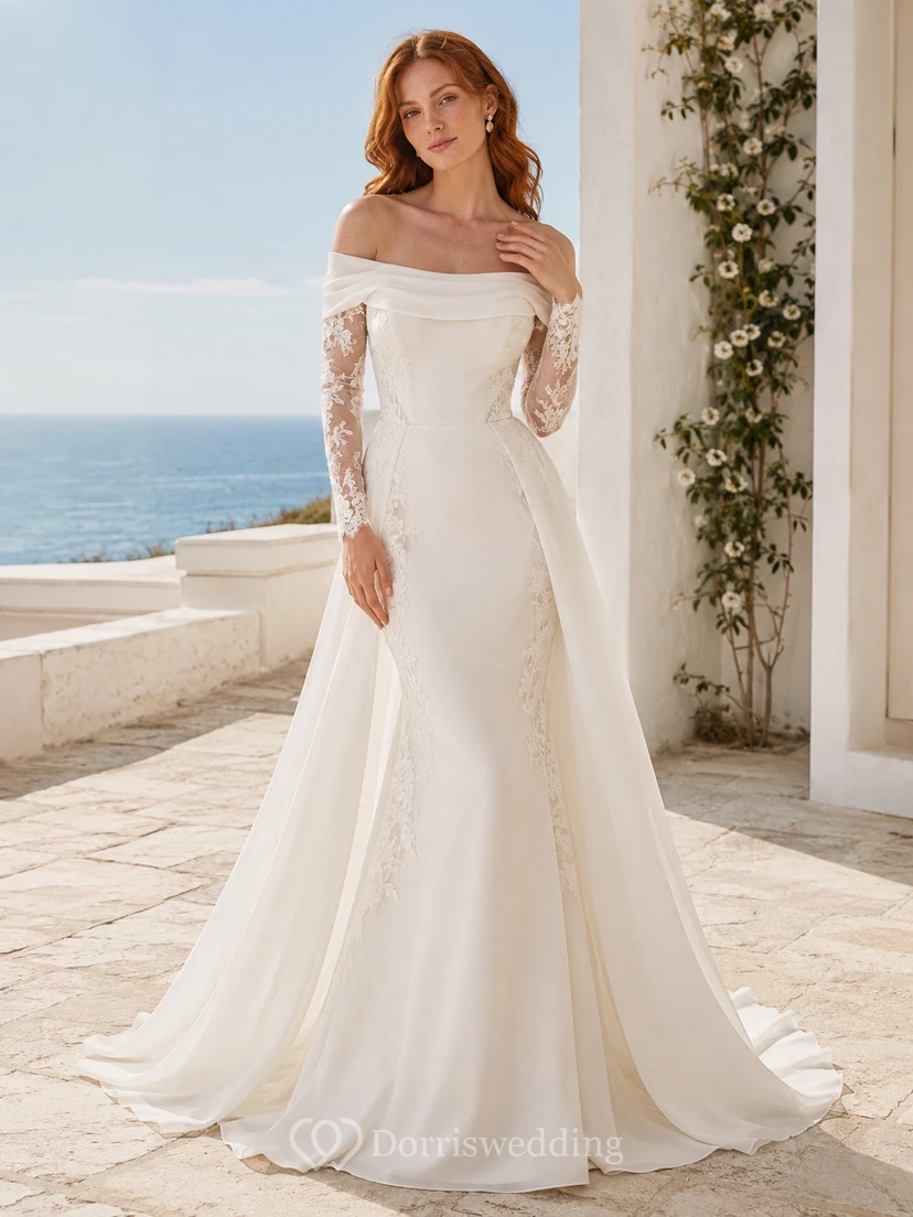 Elegantes Brautkleid aus polierter Satinspitze, schulterfrei, einärmelig, A-Linie, Schleppe, asymmetrischem Schnitt, Reißverschluss am Rücken