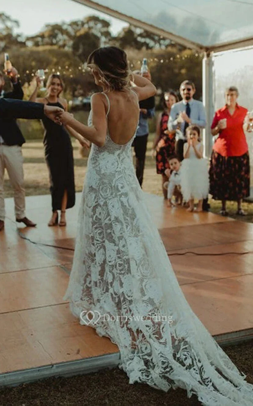 Spaghetti Country Boho Sheer Lace Etuikleid Hochzeitskleid view 3