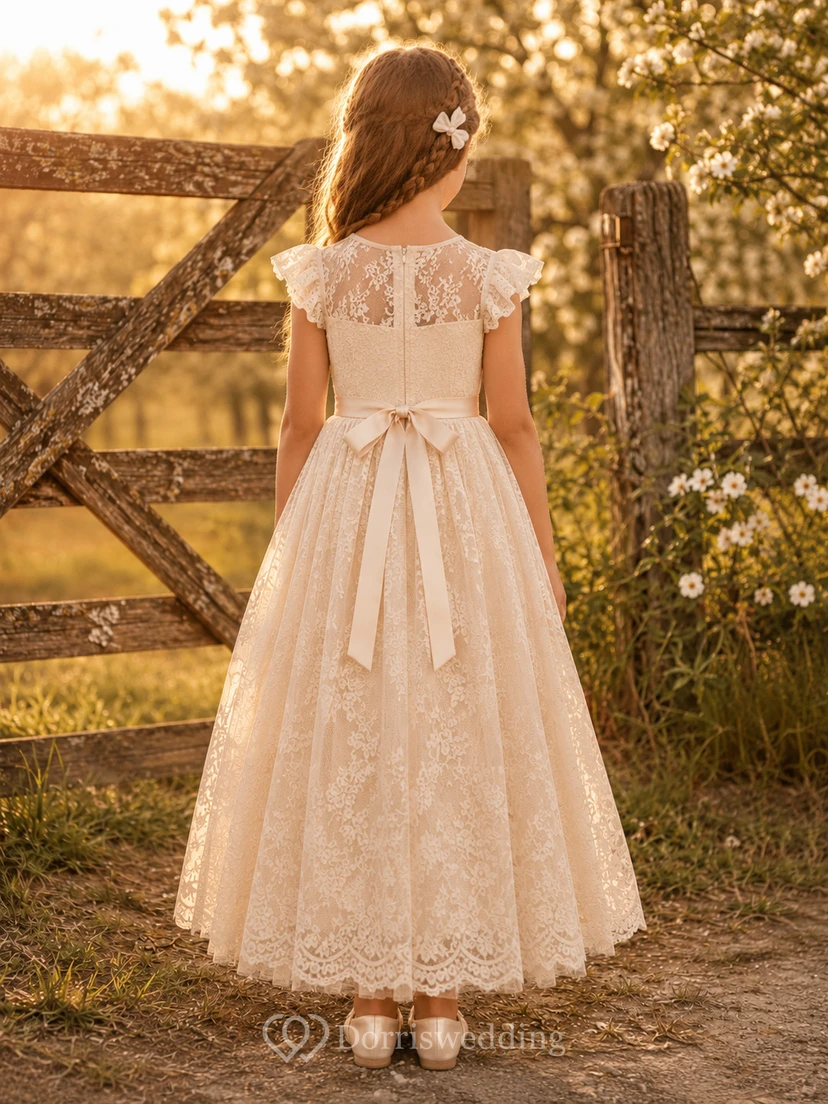 Spitzen-Tüllkleid mit Schleife am Rücken, A-Linien-Schnitt, kurzen Ärmeln, Rundhalsausschnitt und wadenlangem Rock für Blumenmädchen. view 2