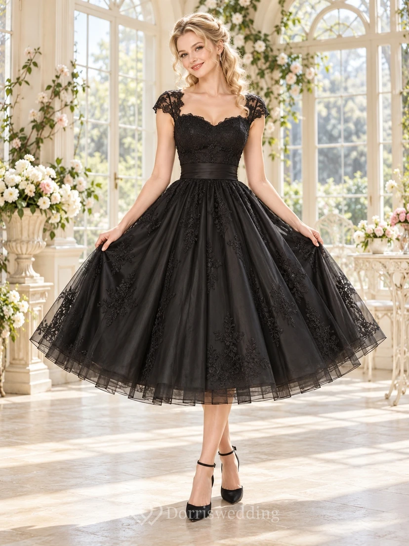 Vintage Black Tea-length Cap Sleeve Sweetheart Lace Wedding Dress