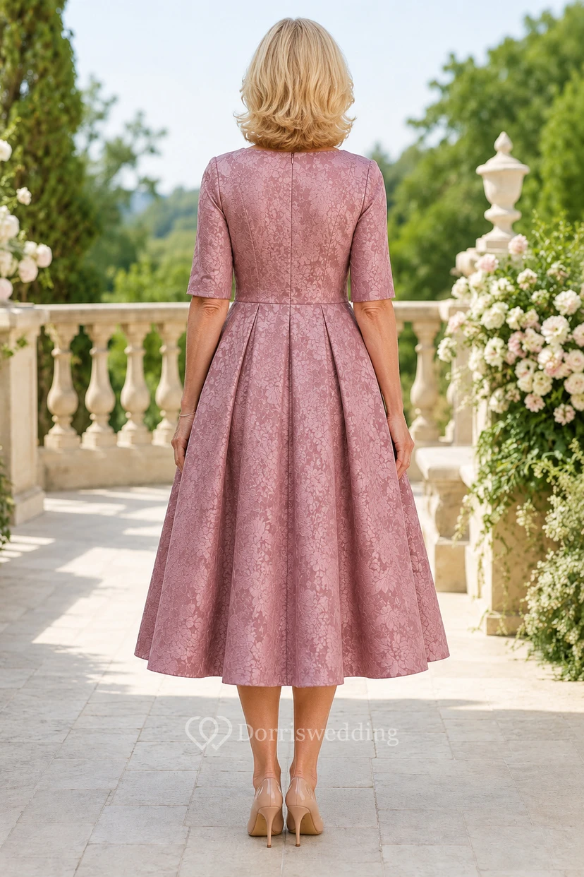 Dusty Rose Tea-Length Jacquard A-Line Mother Dress view 2