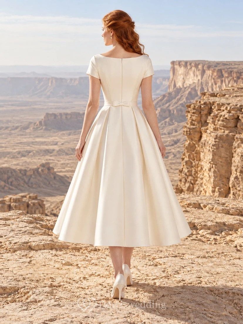 Tea Length Simple Modest Bateau Short Sleeve Satin Pleated Wedding Dress view 2