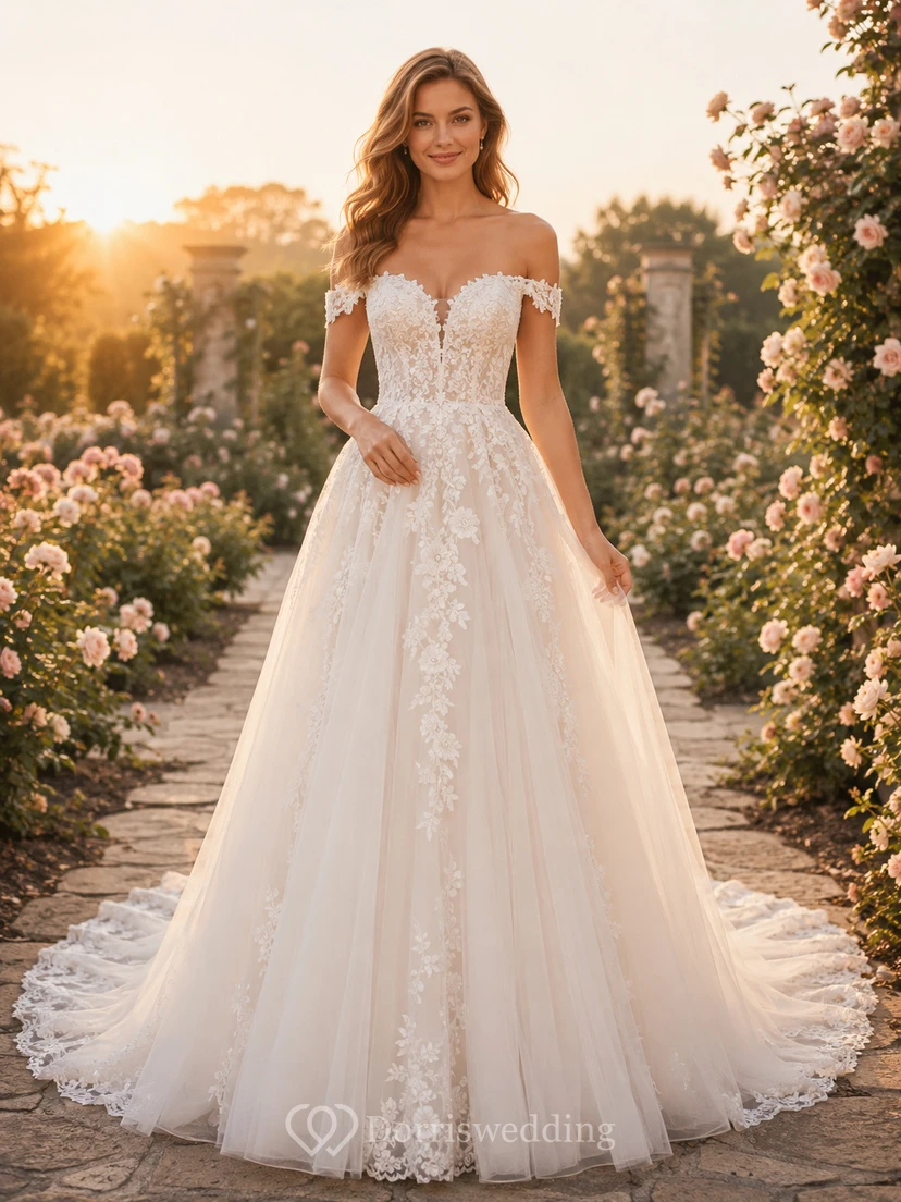 Lace Tulle Wedding Dress A-Line V-Neck Sleeveless Chapel Train Bridal Gown