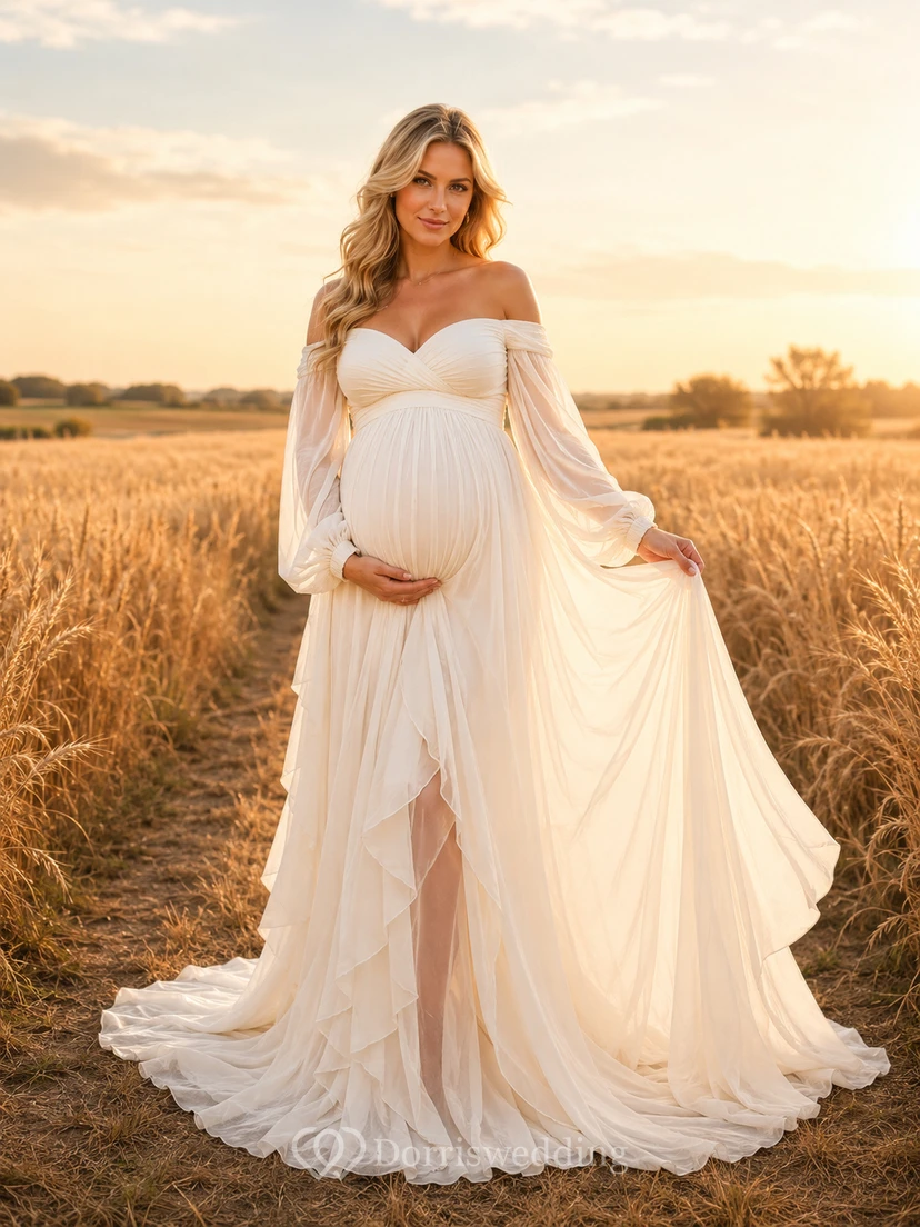 Helles, schulterfreies Umstandskleid mit Bischofsärmeln für Fotoshootings