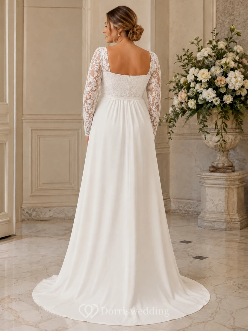 Modest Square Neck Long Sleeve Floor-length Lace Empire Maternity Bridal Dress view 2