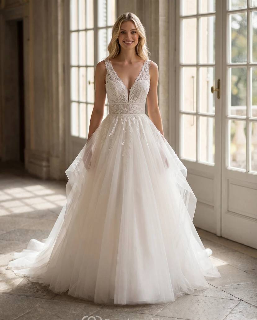 Vestido de novia de gala con corpiño de encaje y tul, tirantes con escote en V y cola de capilla.
