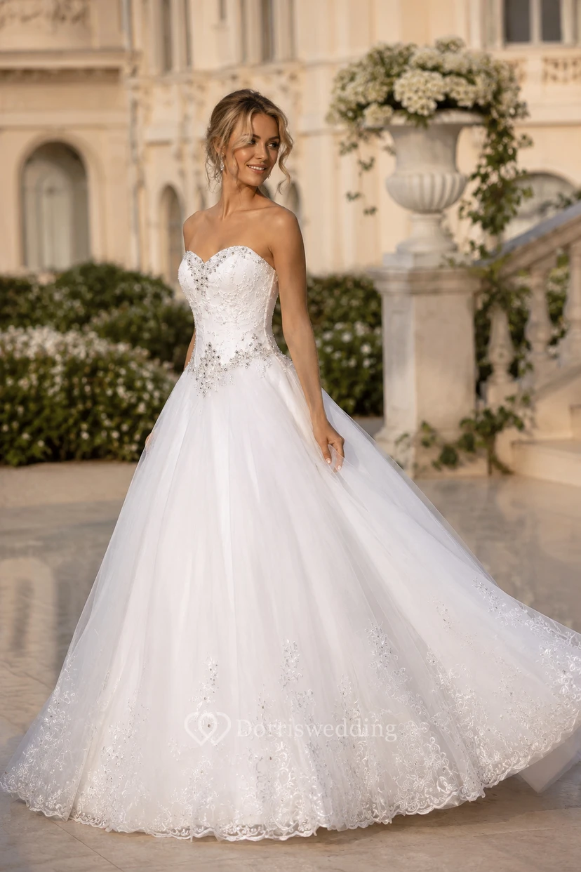 Ball Gown Sweetheart Bell Pleats Beading Appliques Flower Court Train Zipper Lace-Up Back Chiffon Tulle Lace Sequins Organza Satin Taffeta Dress view 5